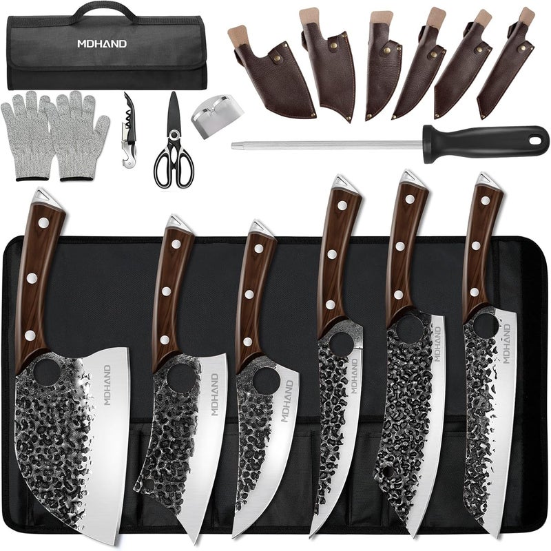 MDHAND Butcher Knife Set, 13PCS Hand Forged Serbian Chef Knife Set with Bag, Full Tang Kitchen Knife Sets with High Carbon Steel, Meat Cleaver Butcher Boning Knife for Brisket Trimming, Gift for Men - Image 1